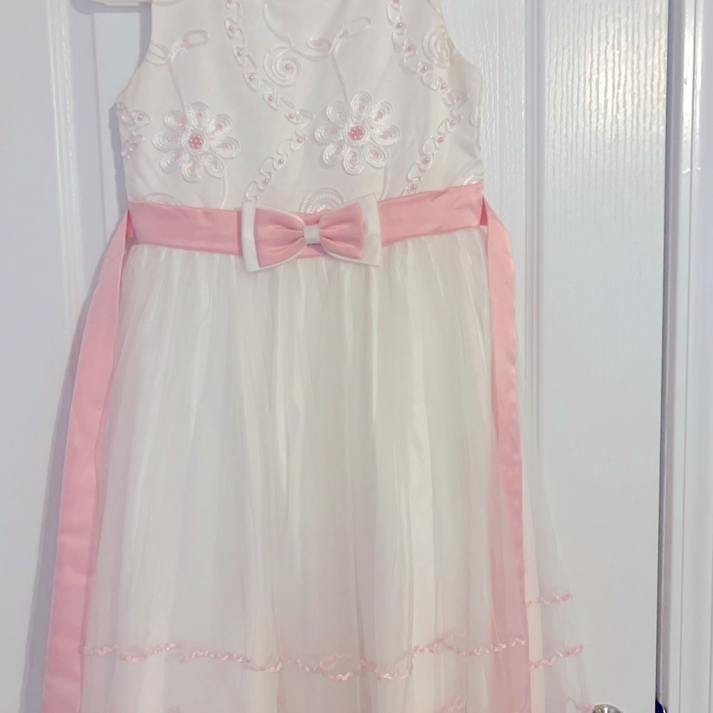 Pink & White Tulle Floral Pearl Embellished Dress